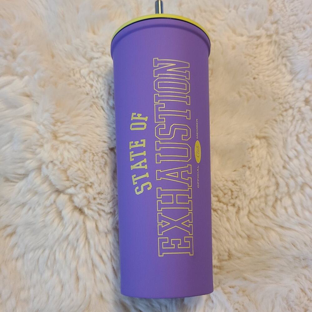 Tall purple metal straw TYPO state of exhaustion cup